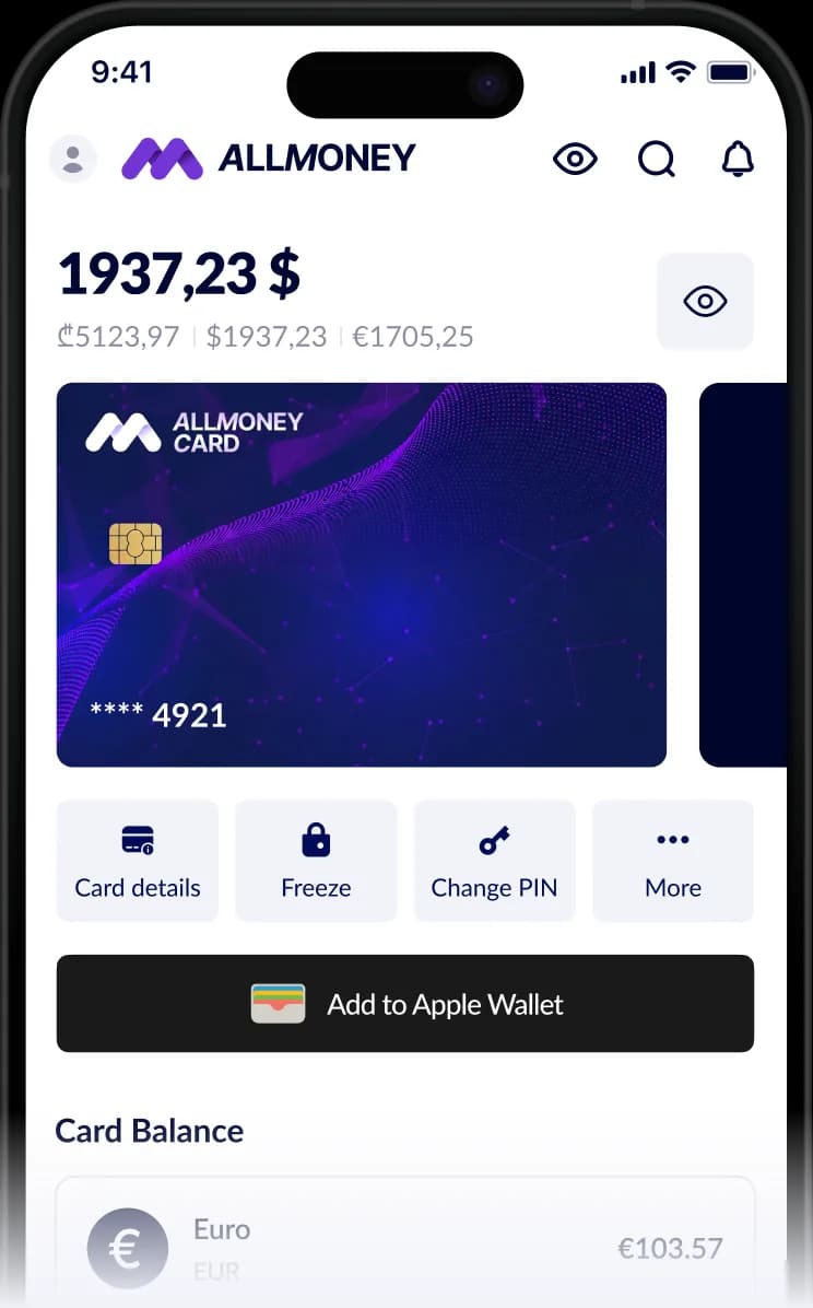 AllMoneyCard card management screen
