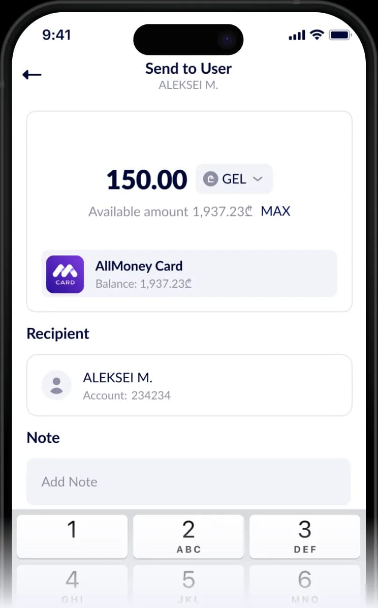 AllMoneyCard transactions screen