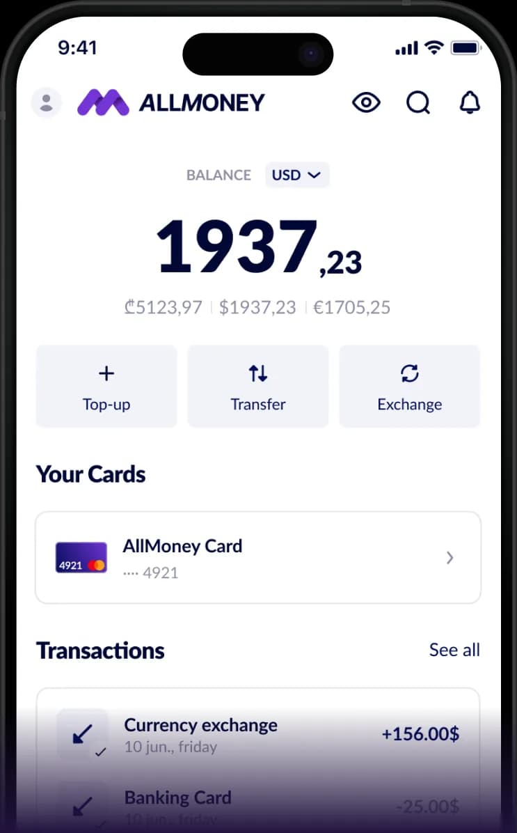 AllMoneyCard mobile app showing balance, cards and transactions