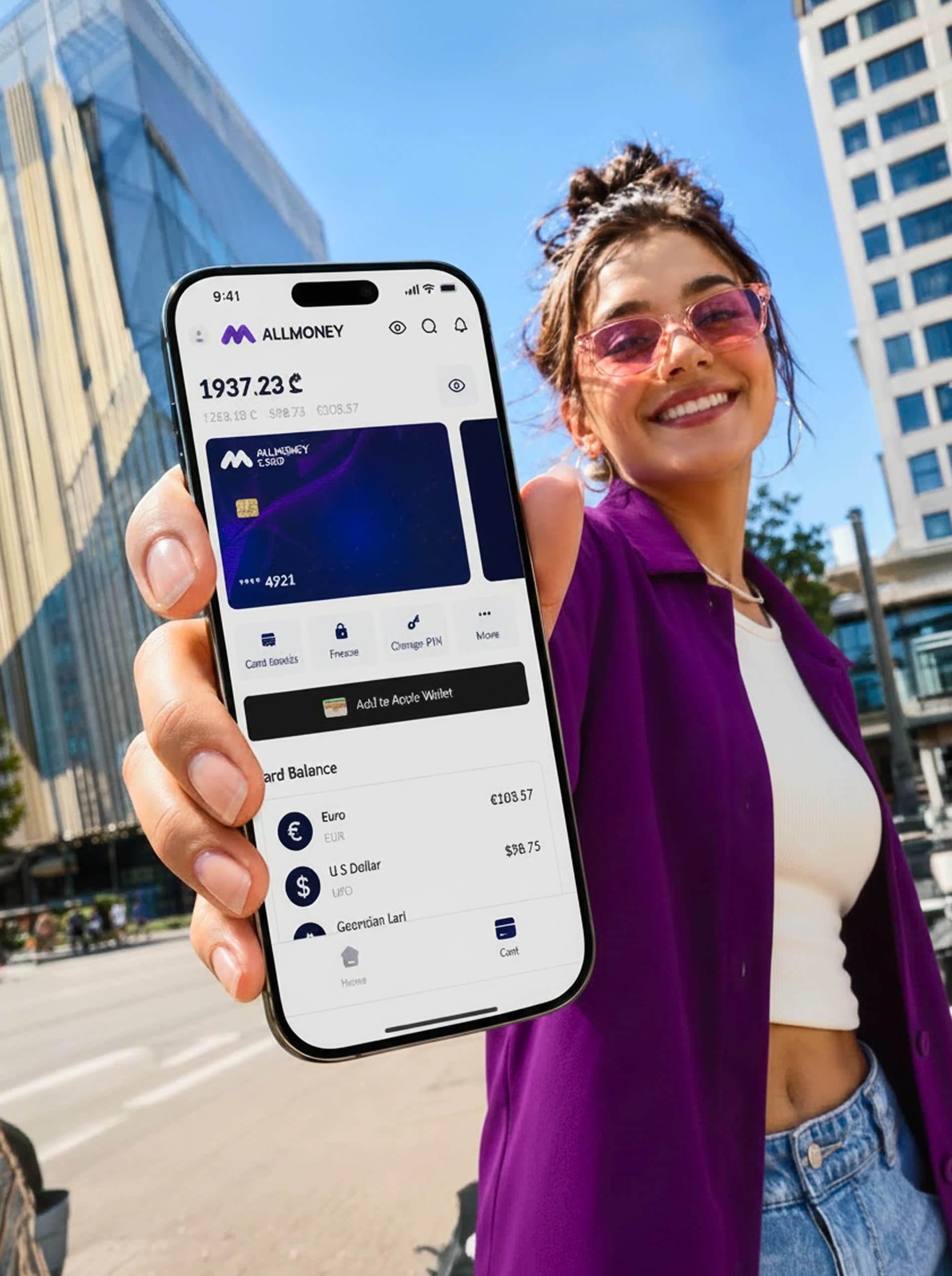 Woman holding a phone with the AllMoneyCard app showing balance and cards